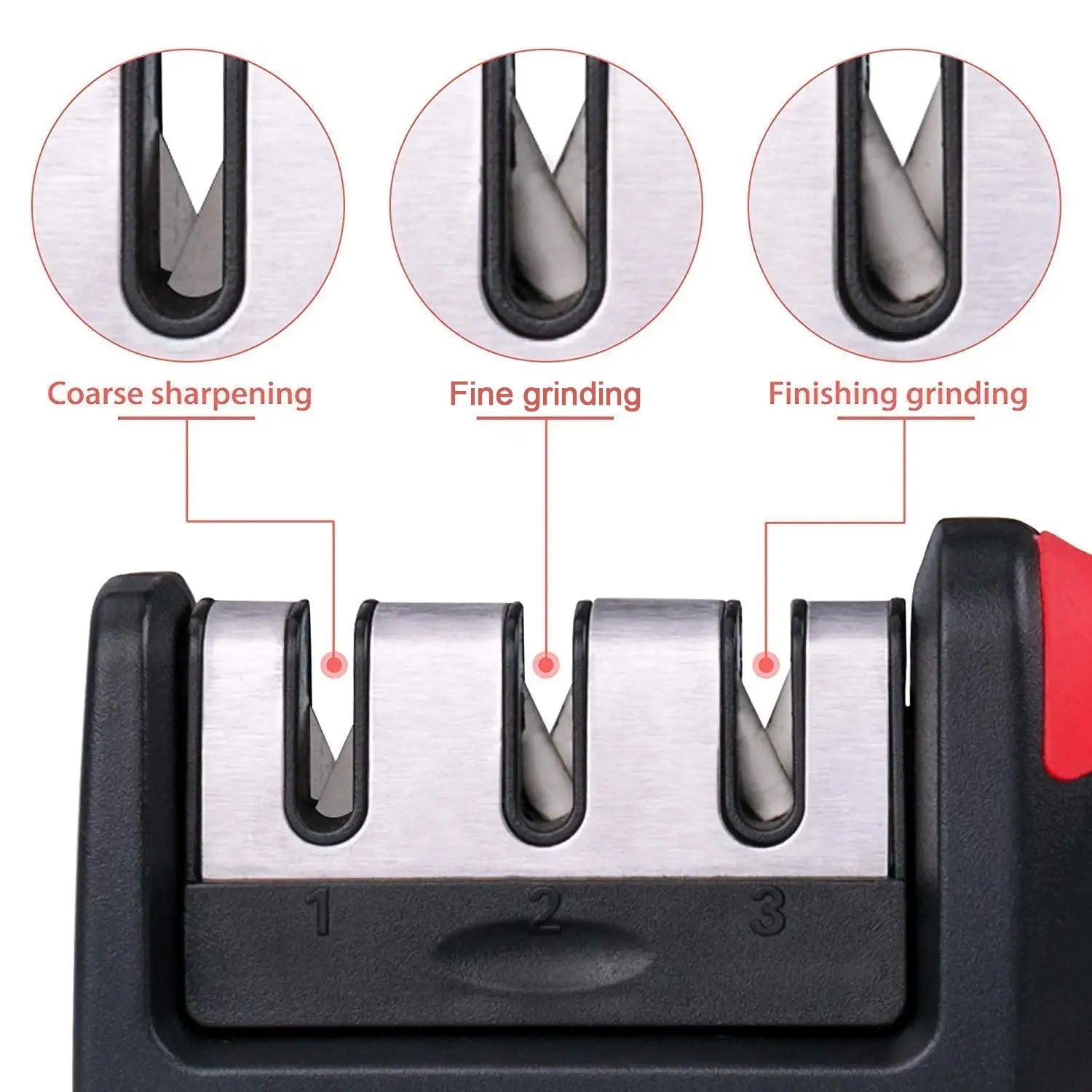 Red knife sharpener with 3 stages for precise sharpening Red knife sharpener with 3 stages for precise sharpening